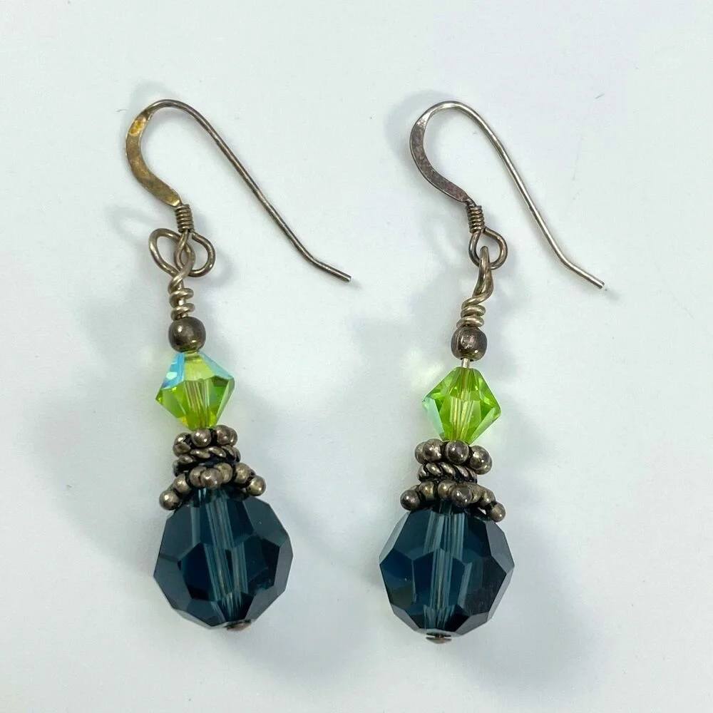 Blue Green Glass Dangle Sterling Silver Dangle Earrings Boho Statement Cute